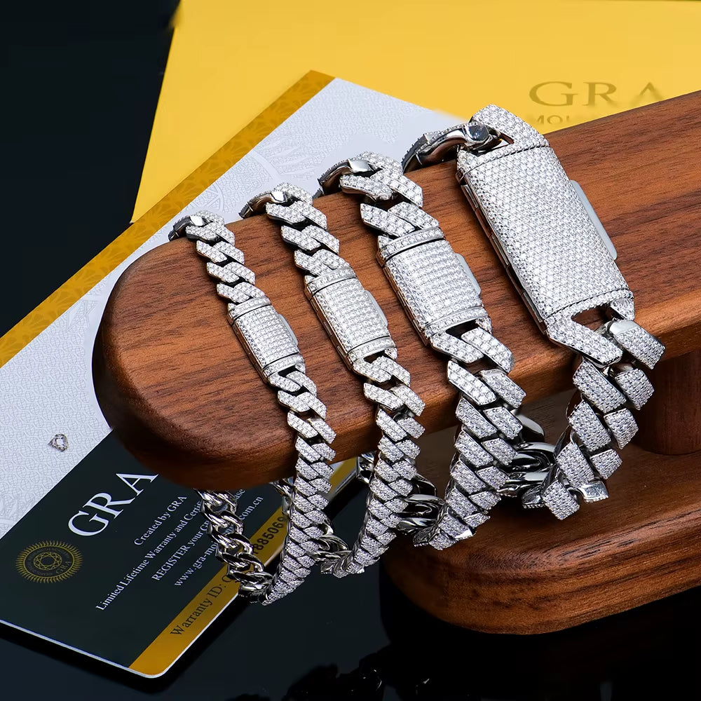 8Mm-20Mm Bling Iced Out Cuban Link Chain 925 Sterling Silver Bracelet Hip Hop Full D VVS Moissanite Diamond Bling Jewelry