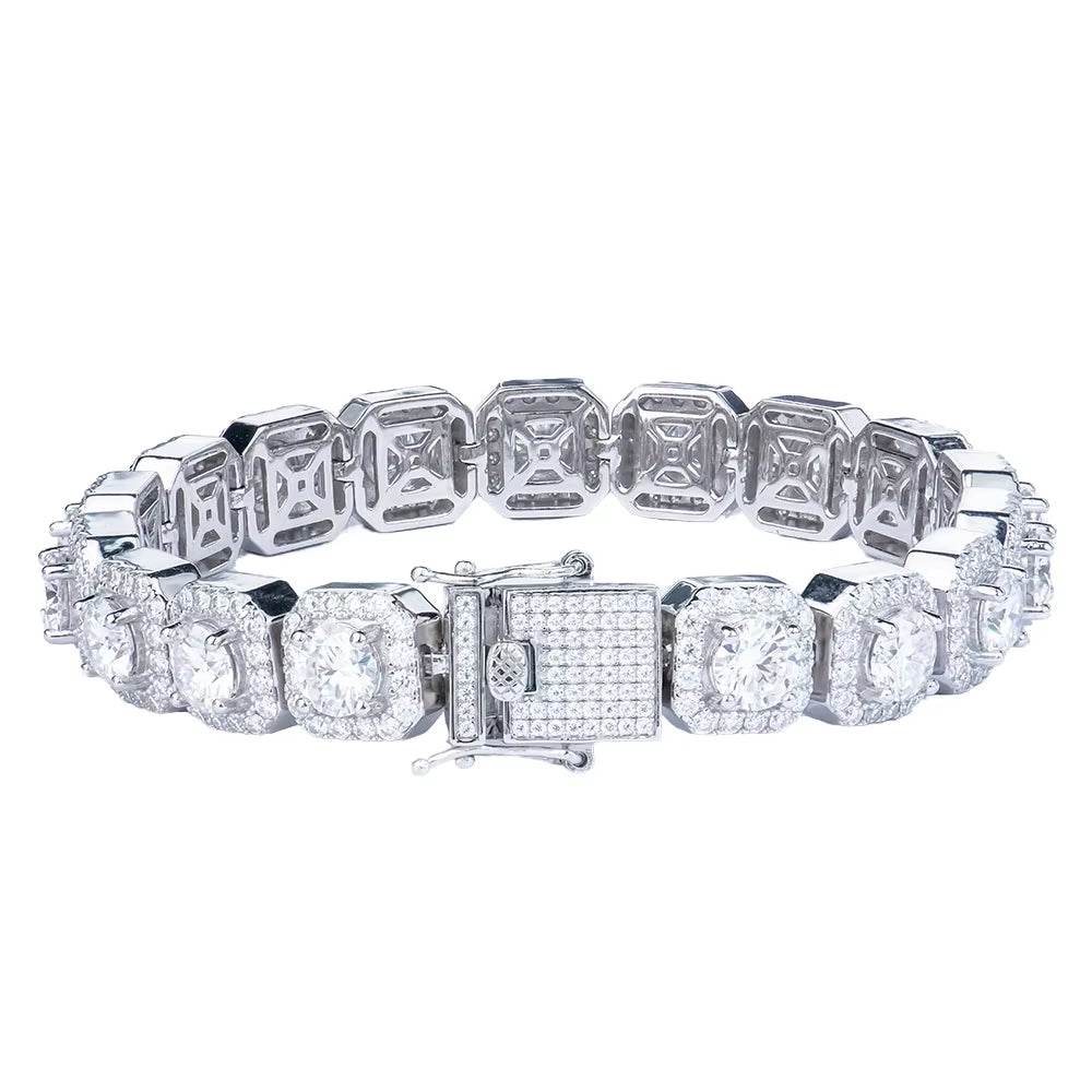 Hip Hop Moissanite Clustered Tennis Bracelet Yellow / White Gold Plated Square Clustered Cuban Chain Bracelet Bangle 925 Silver
