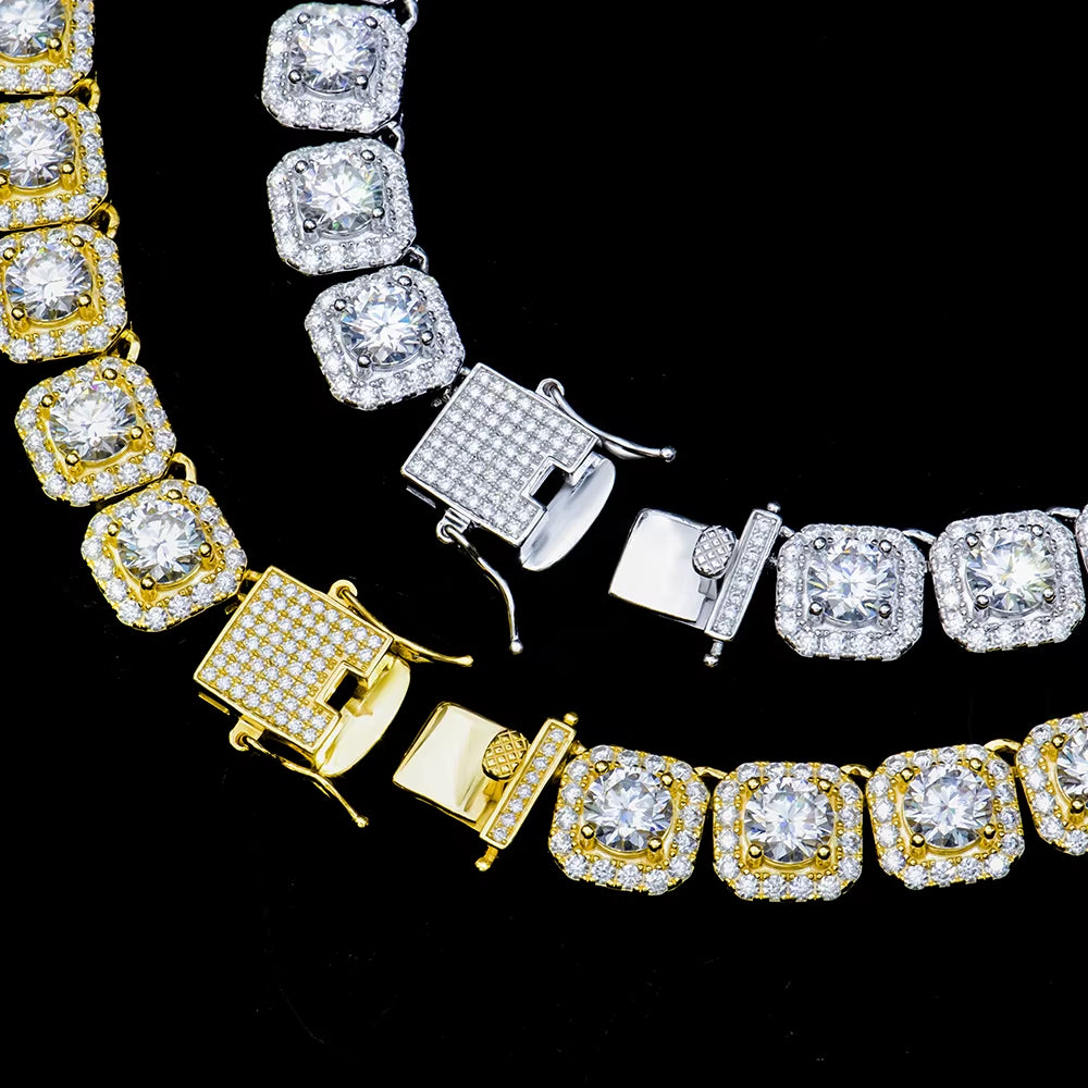 Hip Hop Moissanite Clustered Tennis Bracelet Yellow / White Gold Plated Square Clustered Cuban Chain Bracelet Bangle 925 Silver