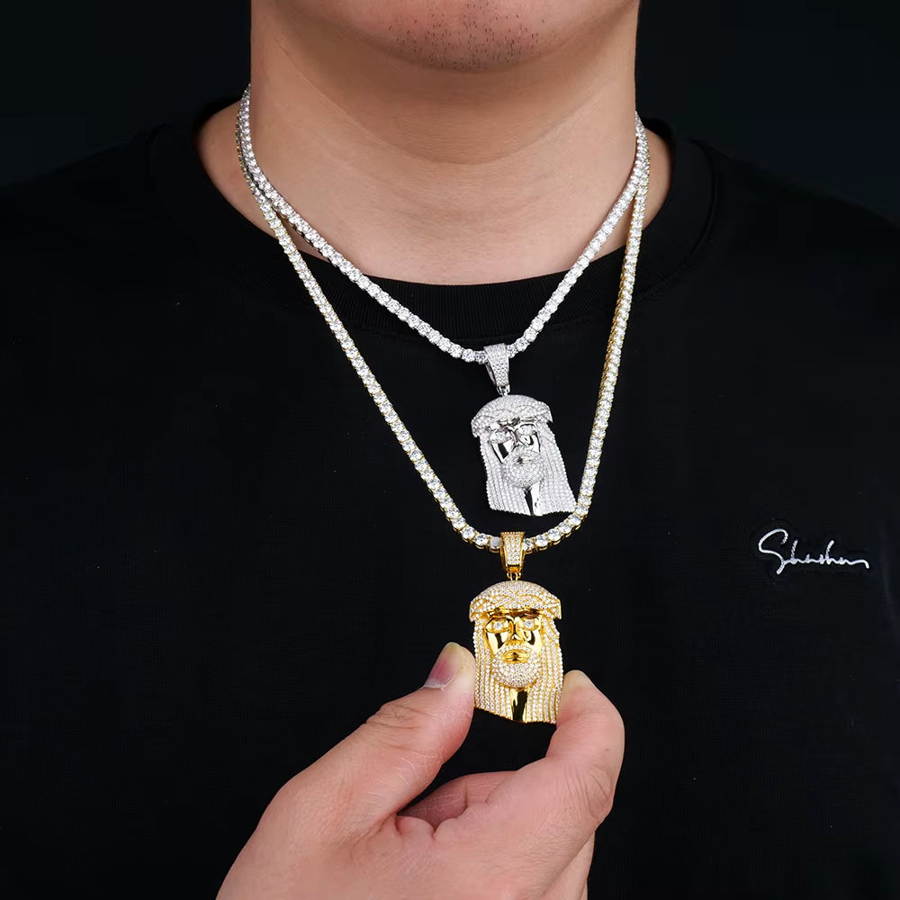 Iced GRA VVS Moissanite Jesus Christ Pendant and Tennis Chain Christian Hip Hop Bling 925 Silver Pendant for Men Jewelry