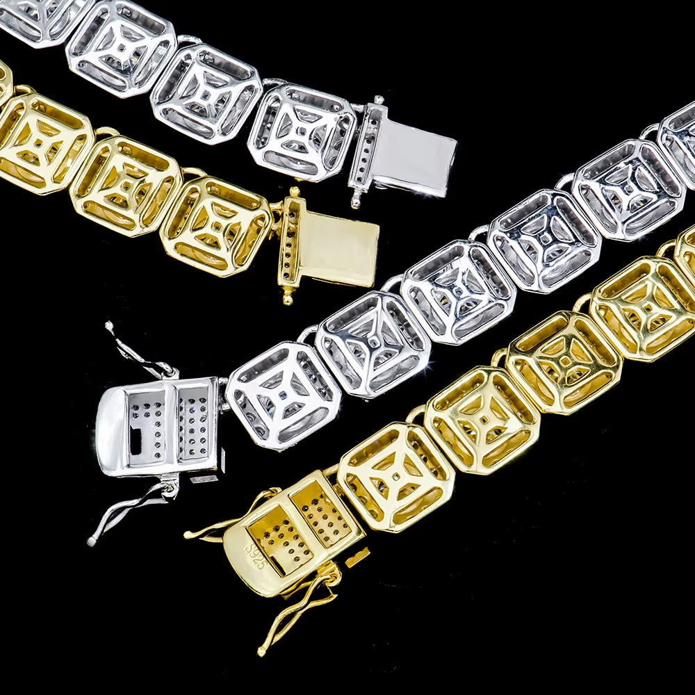 Hip Hop Moissanite Clustered Tennis Bracelet Yellow / White Gold Plated Square Clustered Cuban Chain Bracelet Bangle 925 Silver