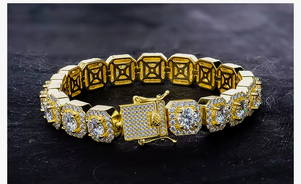 Hip Hop Moissanite Clustered Tennis Bracelet Yellow / White Gold Plated Square Clustered Cuban Chain Bracelet Bangle 925 Silver