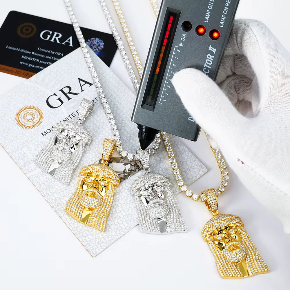 Iced GRA VVS Moissanite Jesus Christ Pendant and Tennis Chain Christian Hip Hop Bling 925 Silver Pendant for Men Jewelry